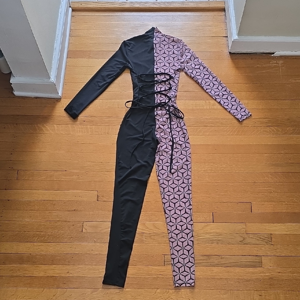 HALFHEART, Split Design Lace Up Mock Neck Bodysuit, Pink & Black, EUC, Women's S